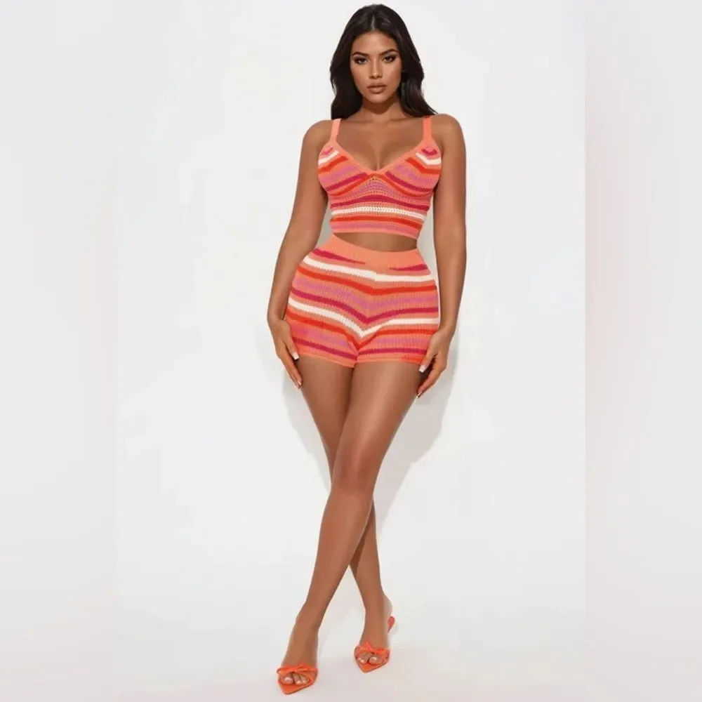 MIYA STRIPED CROCHET SHORT SET